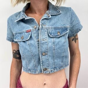 Vintage 90s Tickets Jean Jacket 5/6 Cropped Short Sleeve Western Cowgirl Denim